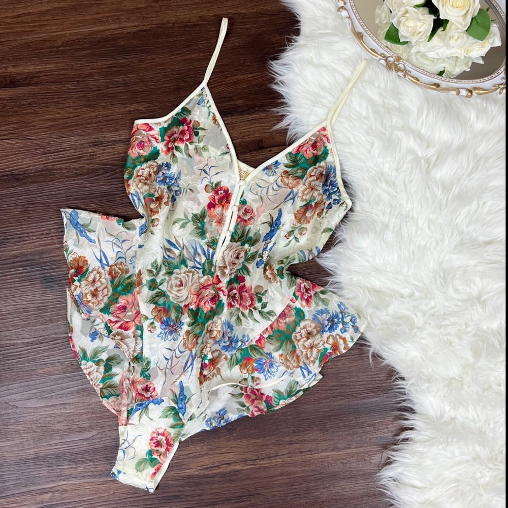 Vintage Victoria’s Secret Semi-Sheer Ivory Teddy / Floral bodysuit